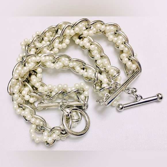 Silver Tone Faux Pearl Braided Bracelet - Picture 4 of 6